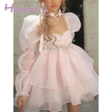 Hnewly High Quality Women Lolita Pink Princess Dresses Sexy Square Neck Long Sleeve Organza Dress Summer Party Holiday Short Vestido