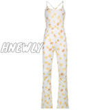 Hnewly High Street Floral Ribbed Slit Jumpsuit Women Backless Hollow Out Halter Overalls Hipster
