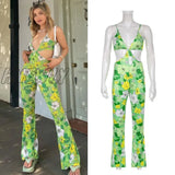 Hnewly High Street Floral Ribbed Slit Jumpsuit Women Backless Hollow Out Halter Overalls Hipster