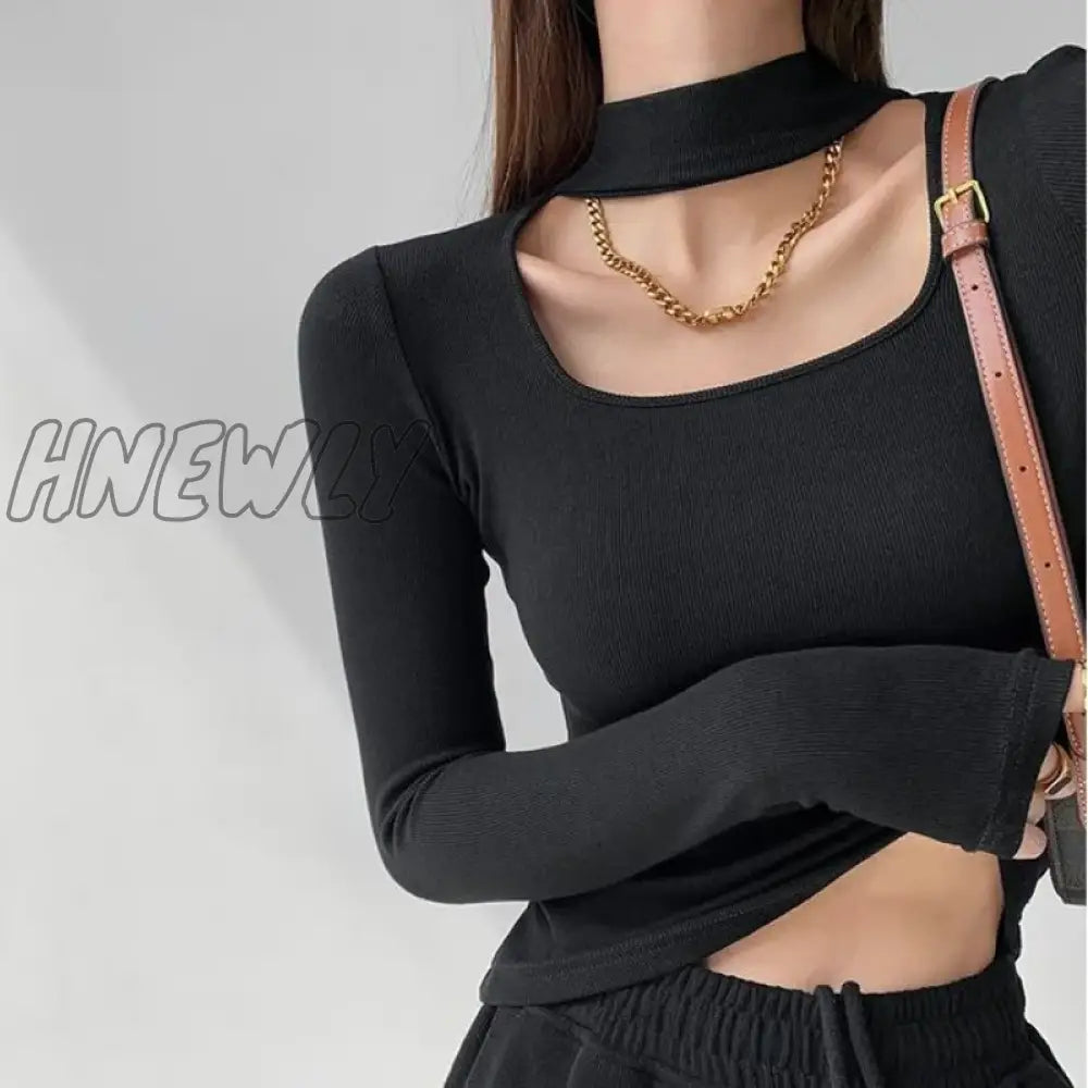 Hnewly High Street Hollow Out Halter Crop Tops Women Fashion Design Slim Long Sleeve T-Shirts