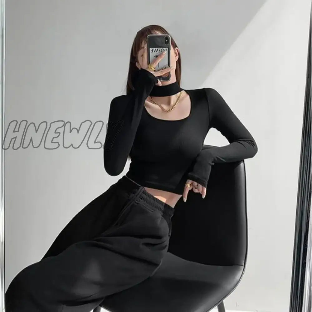 Hnewly High Street Hollow Out Halter Crop Tops Women Fashion Design Slim Long Sleeve T-Shirts