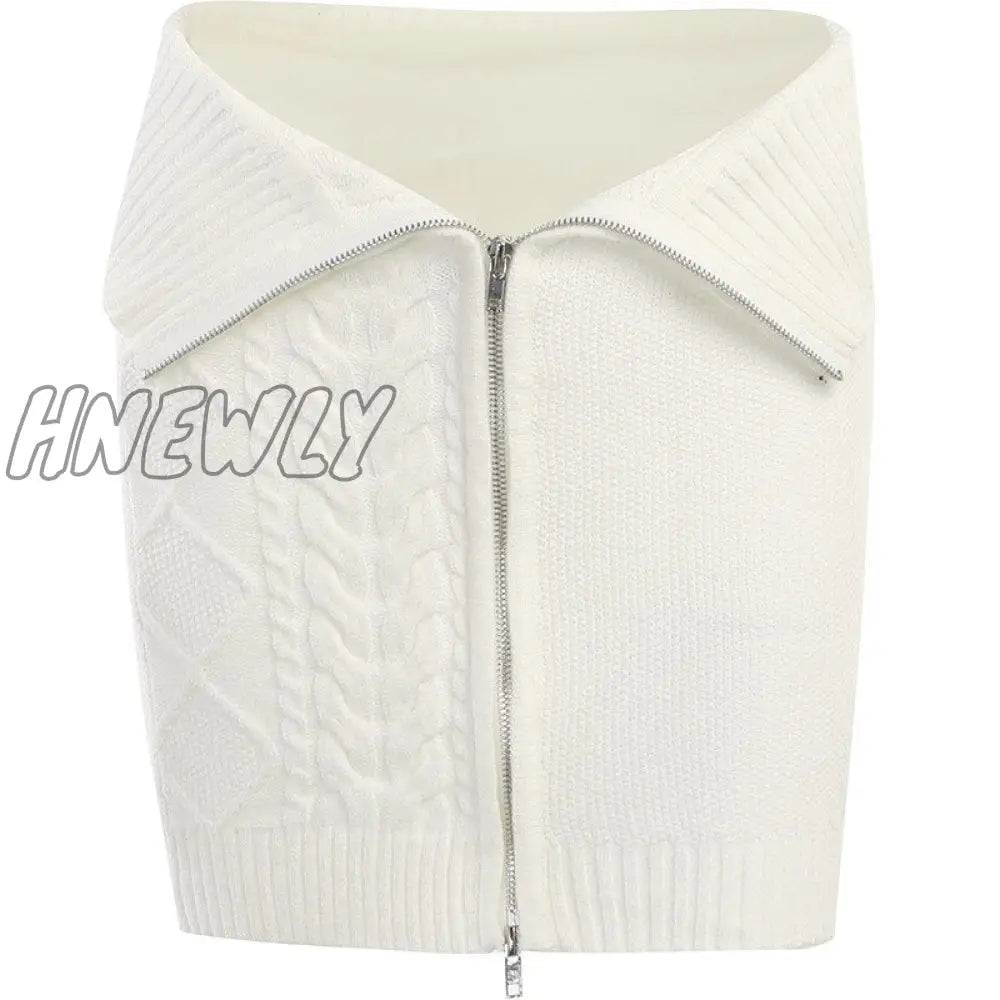 Hnewly High Street Knit Mini Skirts Women Fashion Corchet Zip Up White Skirt New Summer Wrap Hot