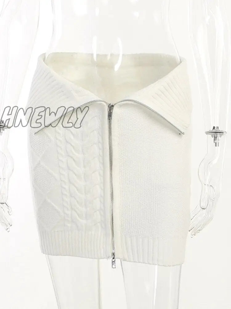 Hnewly High Street Knit Mini Skirts Women Fashion Corchet Zip Up White Skirt New Summer Wrap Hot