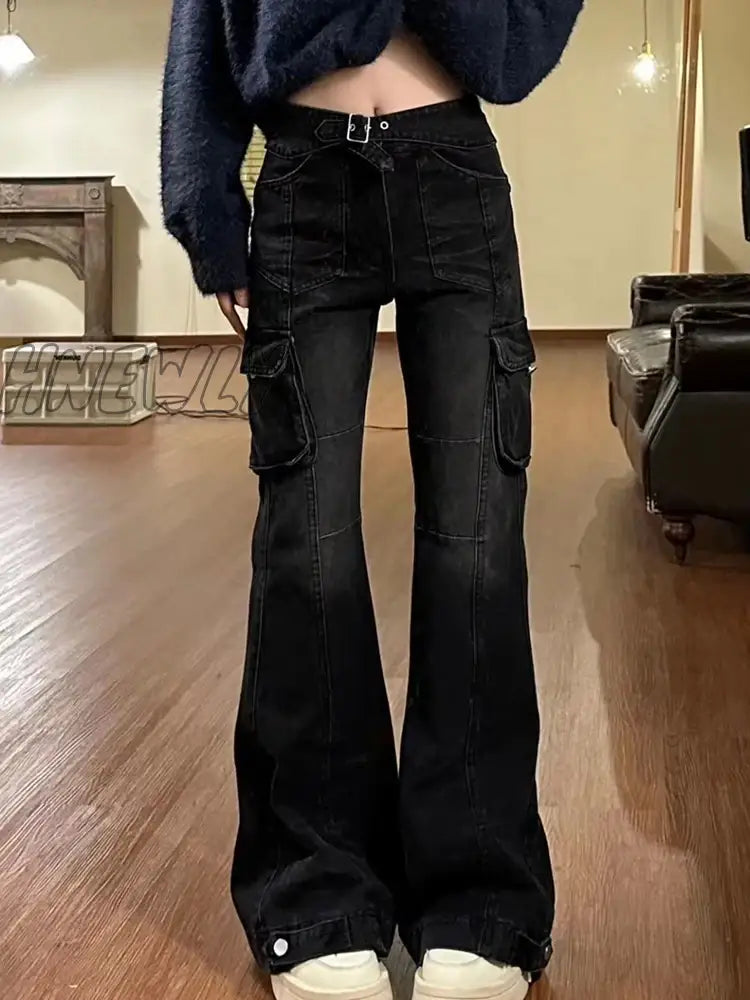Hnewly High Street Office Lady Black Flare Jeans Slim Bell Bottoms Gyaru Fashion Denim Trousers