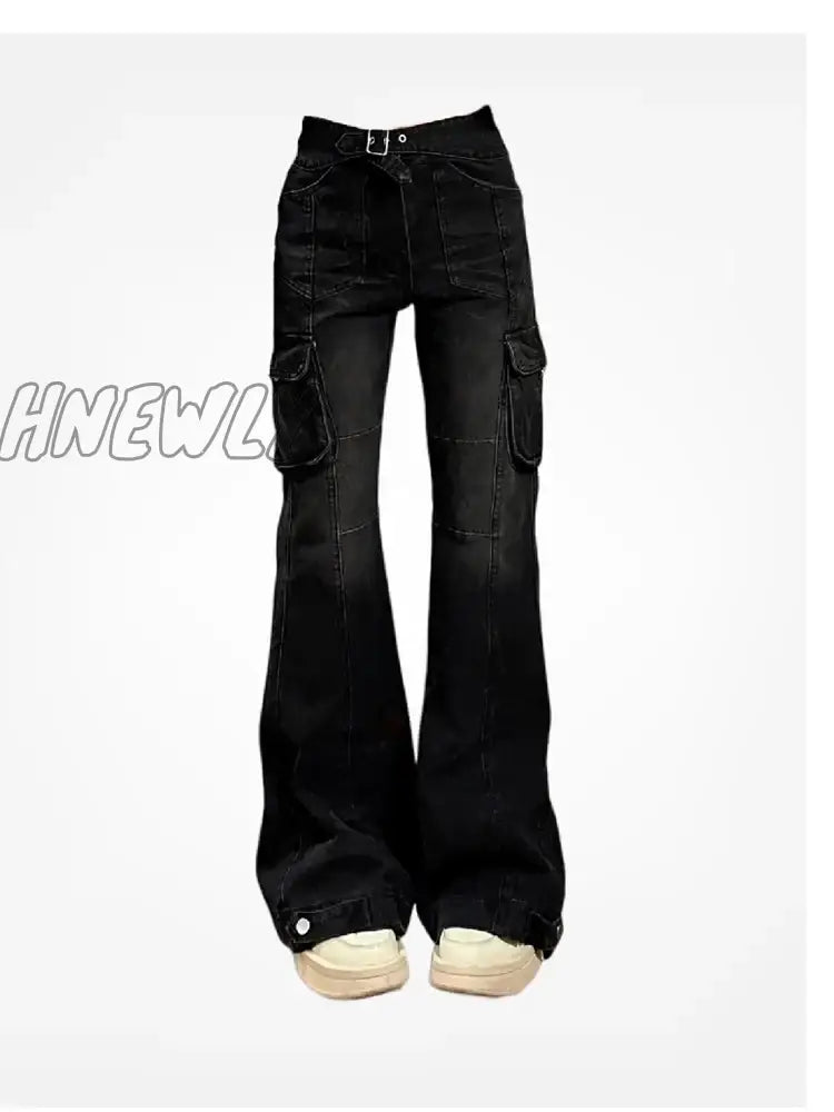 Hnewly High Street Office Lady Black Flare Jeans Slim Bell Bottoms Gyaru Fashion Denim Trousers