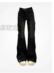 Hnewly High Street Office Lady Black Flare Jeans Slim Bell Bottoms Gyaru Fashion Denim Trousers
