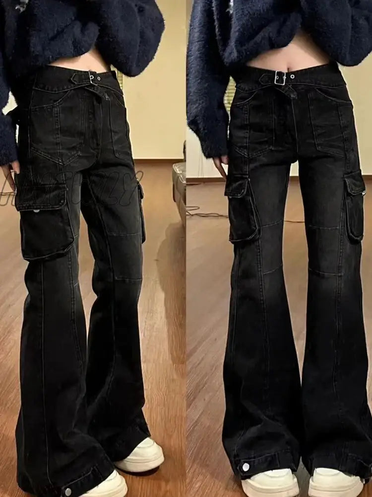 Hnewly High Street Office Lady Black Flare Jeans Slim Bell Bottoms Gyaru Fashion Denim Trousers
