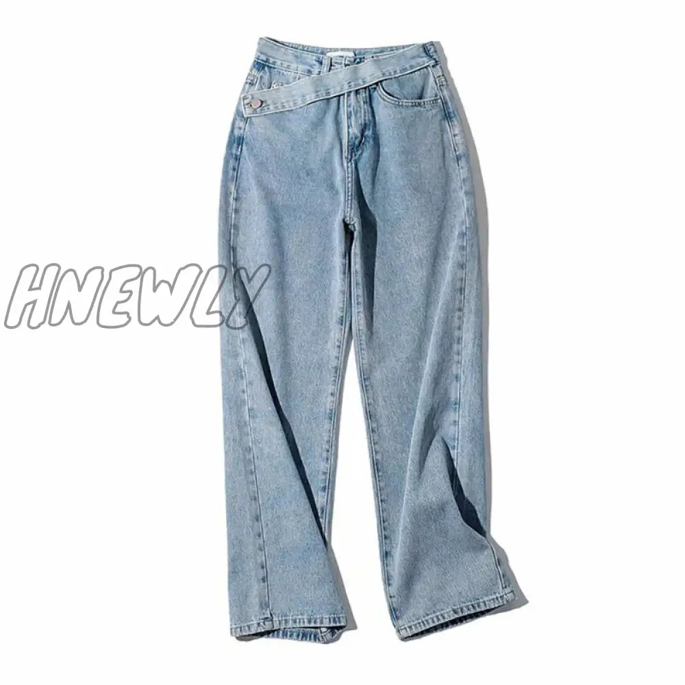 Hnewly High Waist Jeans Women Casual Fashion Straight Blue Denim Pants Spring Summer Boyfriend
