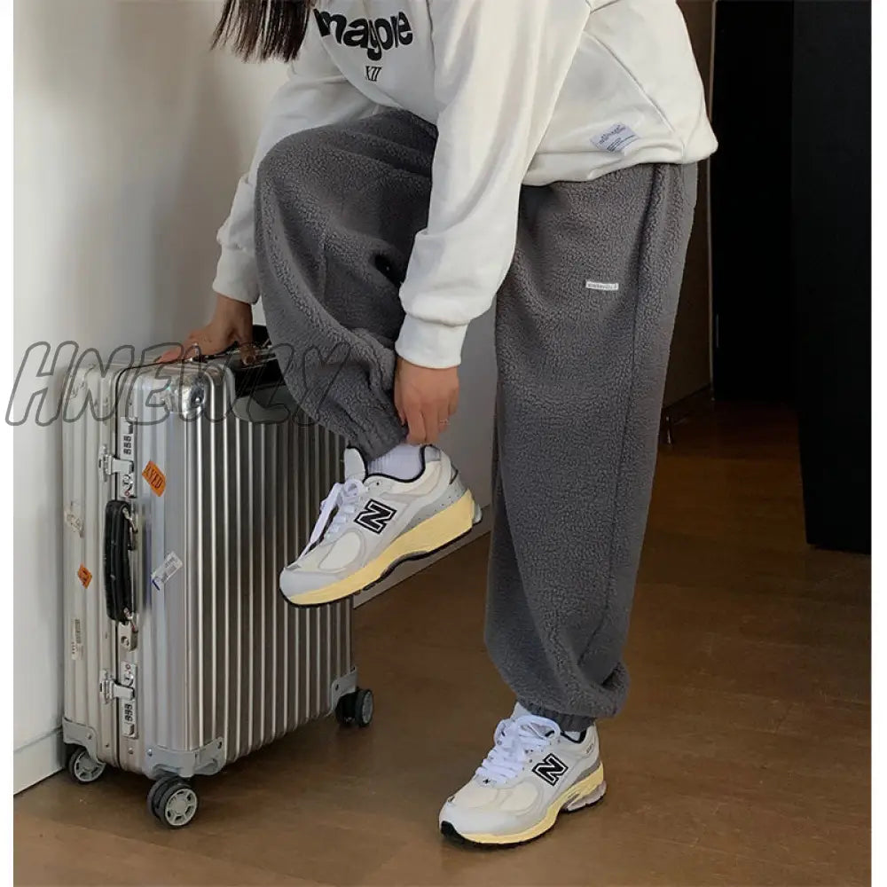Hnewly Hip Hop Gray Fleece Harem Pants Women Oversize Harajuku Winter Jogging Black Casual Trousers