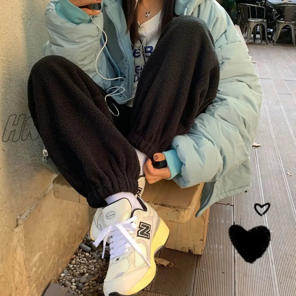 Hnewly Hip Hop Gray Fleece Harem Pants Women Oversize Harajuku Winter Jogging Black Casual Trousers