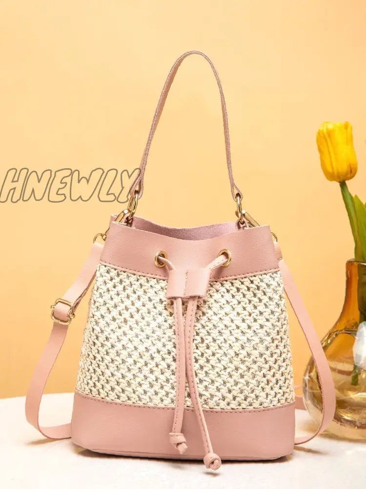 Hnewly - Hollow Out Drawstring Bucket Bag Women Satchels Pink Women-Satchels