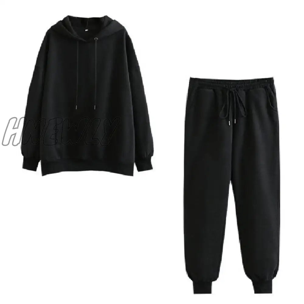 Hnewly Hoodie 2 Pieces Set Women Autumn Solid Oversized Sweatshirt Casual Long Sleeve Fleece Tops