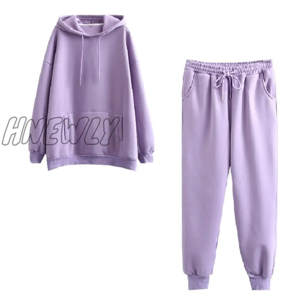 Hnewly Hoodie 2 Pieces Set Women Autumn Solid Oversized Sweatshirt Casual Long Sleeve Fleece Tops