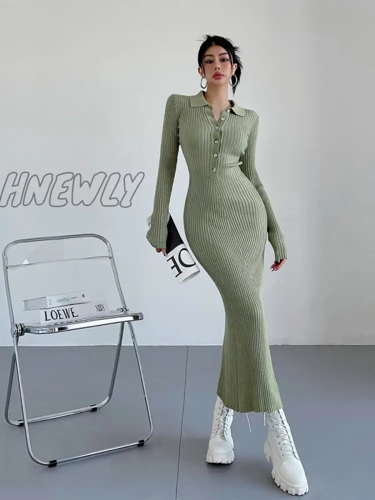Hnewly Hot Girls Polo Neck Knit Dress Autumn Winter Women Long Maxi Dresses Sweater Fashion Slim