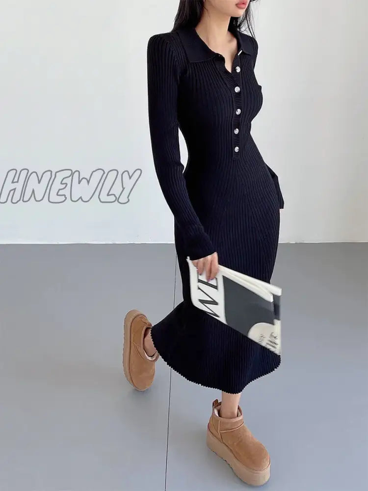Hnewly Hot Girls Polo Neck Knit Dress Autumn Winter Women Long Maxi Dresses Sweater Fashion Slim
