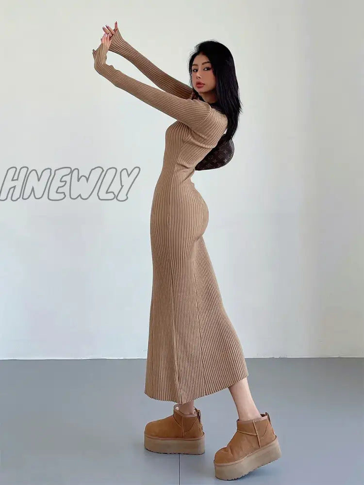 Hnewly Hot Girls Polo Neck Knit Dress Autumn Winter Women Long Maxi Dresses Sweater Fashion Slim
