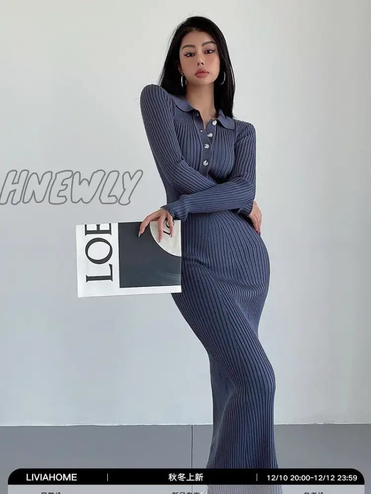Hnewly Hot Girls Polo Neck Knit Dress Autumn Winter Women Long Maxi Dresses Sweater Fashion Slim