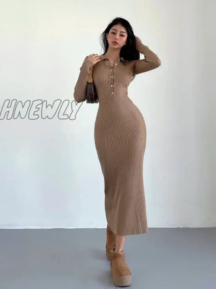 Hnewly Hot Girls Polo Neck Knit Dress Autumn Winter Women Long Maxi Dresses Sweater Fashion Slim