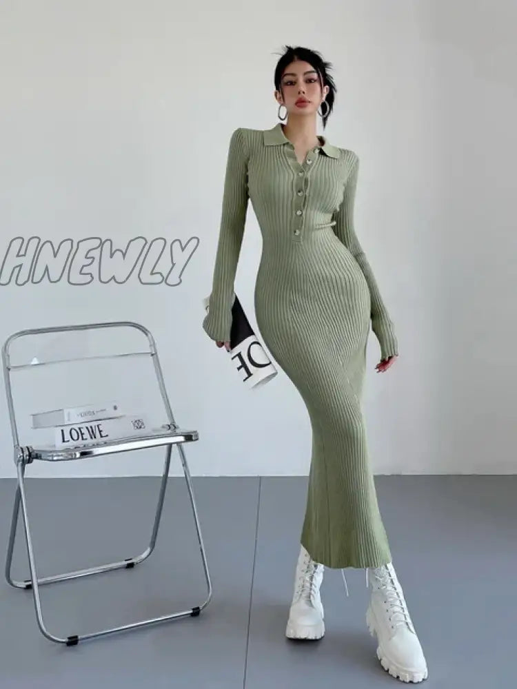 Hnewly Hot Girls Polo Neck Knit Dress Autumn Winter Women Long Maxi Dresses Sweater Fashion Slim