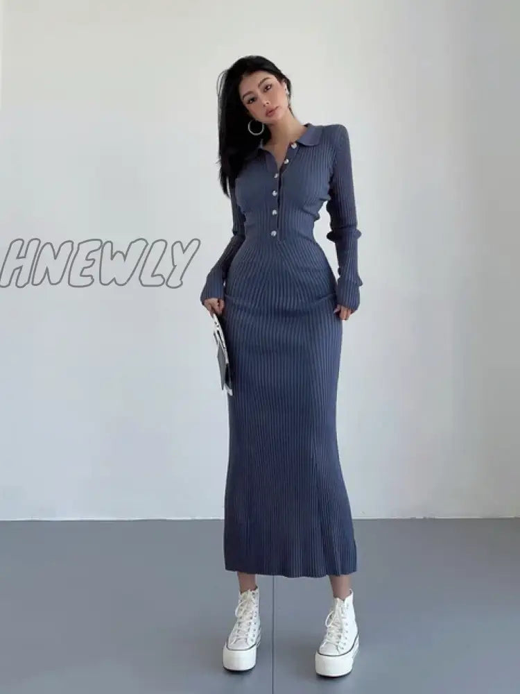Hnewly Hot Girls Polo Neck Knit Dress Autumn Winter Women Long Maxi Dresses Sweater Fashion Slim