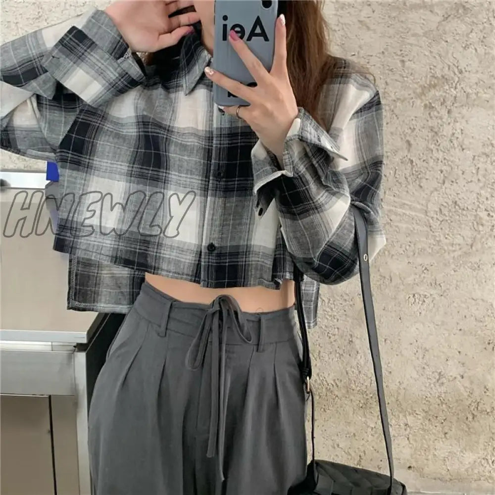 Hnewly Hot Sale Shirts Women Chic Plaid Stylish Summer Long Sleeve Sun-Proof Schoolgirls Crop Top