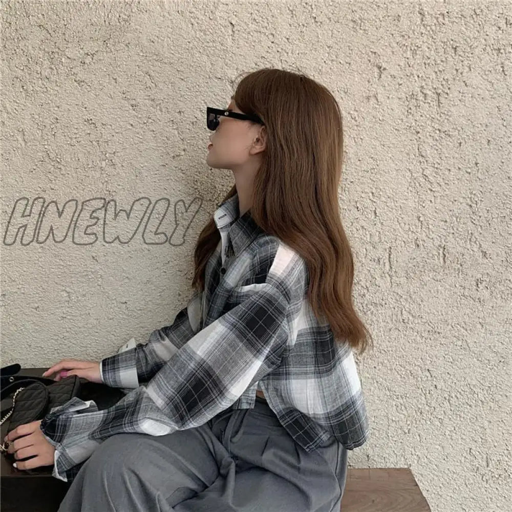 Hnewly Hot Sale Shirts Women Chic Plaid Stylish Summer Long Sleeve Sun-Proof Schoolgirls Crop Top