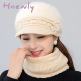 Hnewly Hot Women Winter Hat Keep Warm Cap Add Fur Lined Hat And Scarf Set Warm Hats For Female Casual Rabbit Fur Winter Knitted Hat
