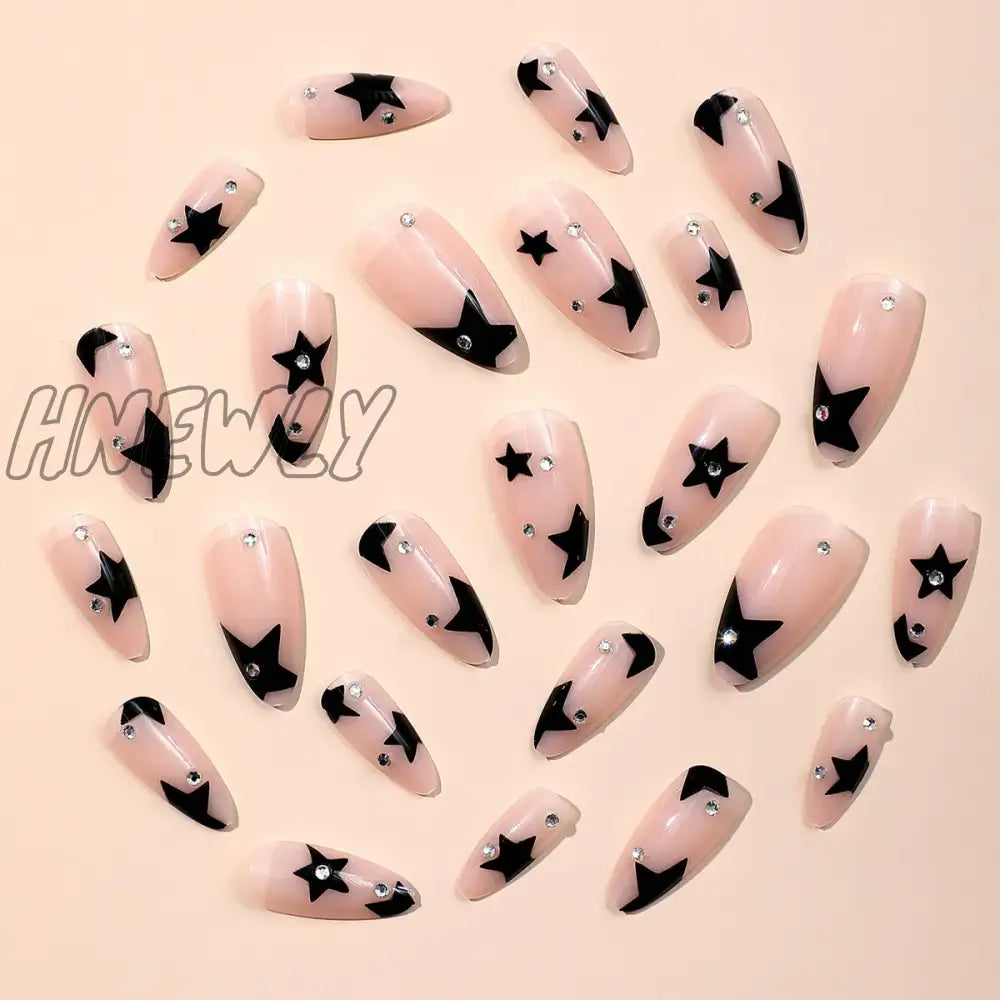 Hnewly Ins Y2K Fake Nails Almond Head Black Pentacle Star False Nail Patch Girl Women Wearable Full