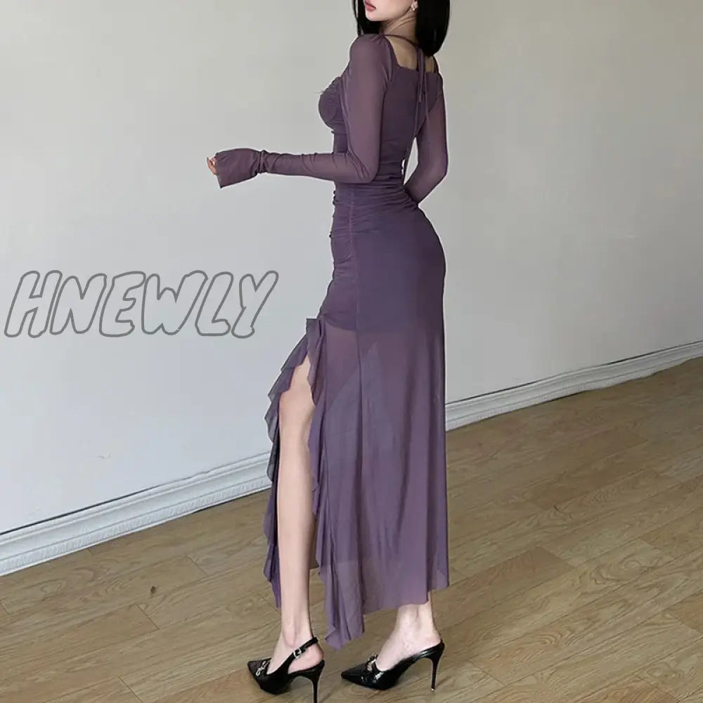 Hnewly Irregular Mesh Ruffles Midi Dress Women Elegant Waist Sexy Slit Dresses Y2K Solid Splicing
