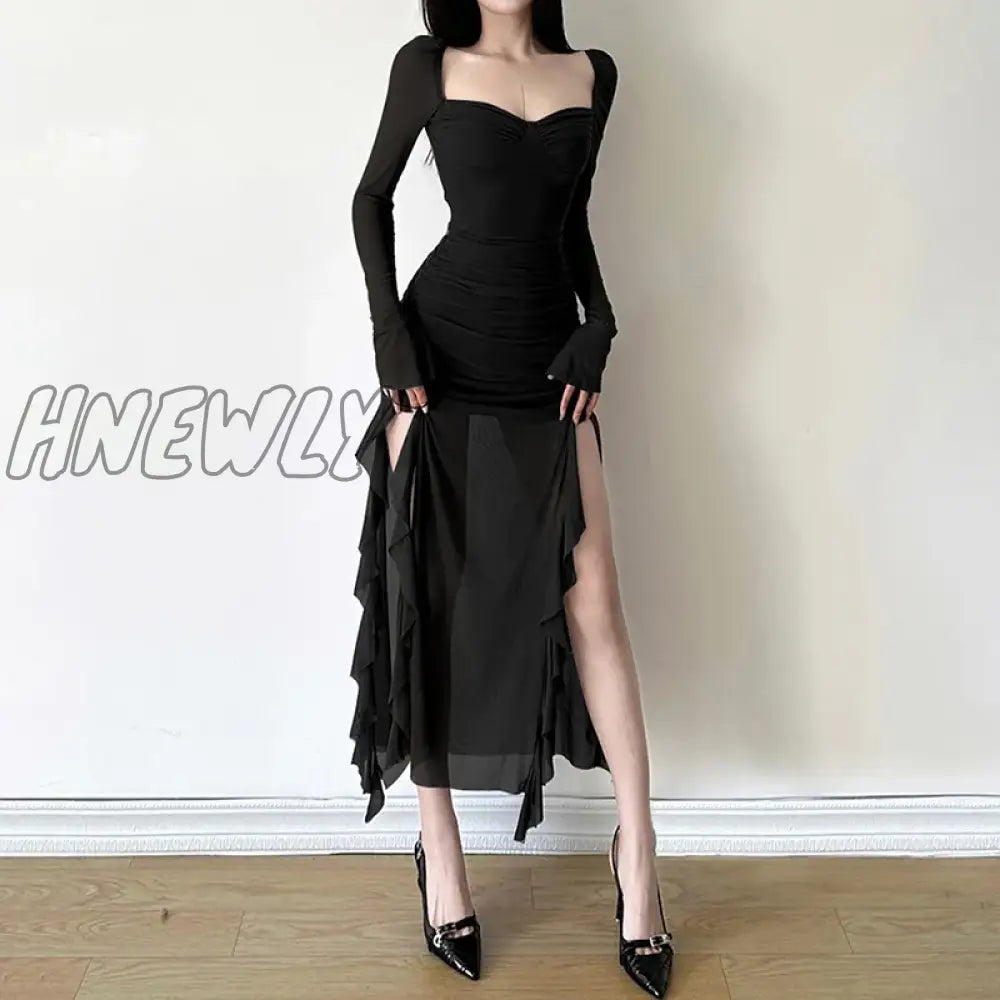 Hnewly Irregular Mesh Ruffles Midi Dress Women Elegant Waist Sexy Slit Dresses Y2K Solid Splicing