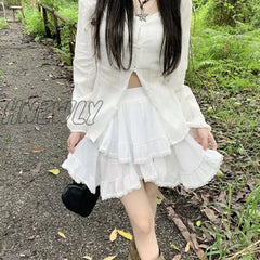Hnewly Irregular Ruffle Mini Skirt Women Fairycore Lace Patchwork High Waist 2-Layers Boho White