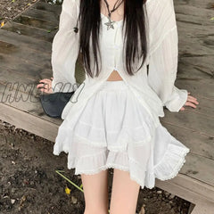 Hnewly Irregular Ruffle Mini Skirt Women Fairycore Lace Patchwork High Waist 2-Layers Boho White