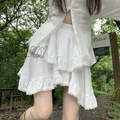 Hnewly Irregular Ruffle Mini Skirt Women Fairycore Lace Patchwork High Waist 2-Layers Boho White