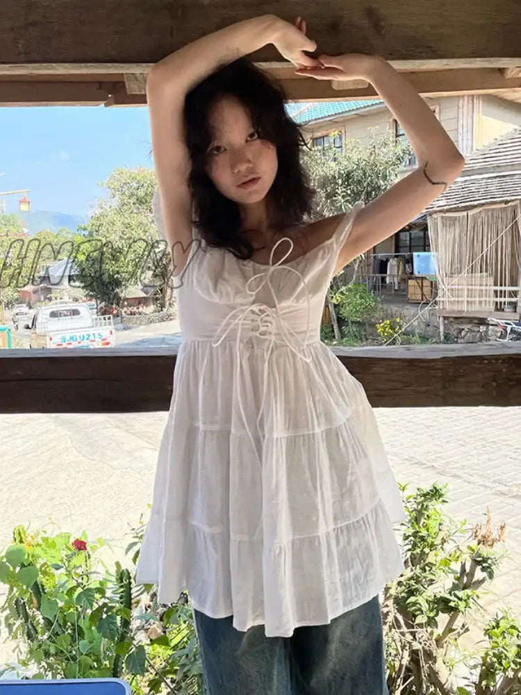 Hnewly Japanese Cute Bandage Ruffles Dress Women Y2K Aesthetic Sweet Fairy Dresses Summer