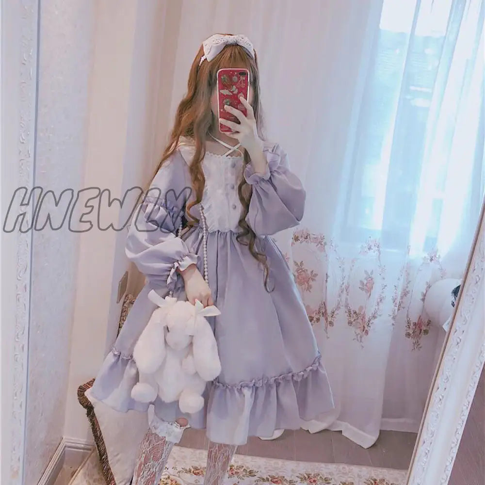 Hnewly Japanese Gothic Lolita Dress Women Kawaii Bow Bear Lace Blue Long Sleeve Princess Halloween