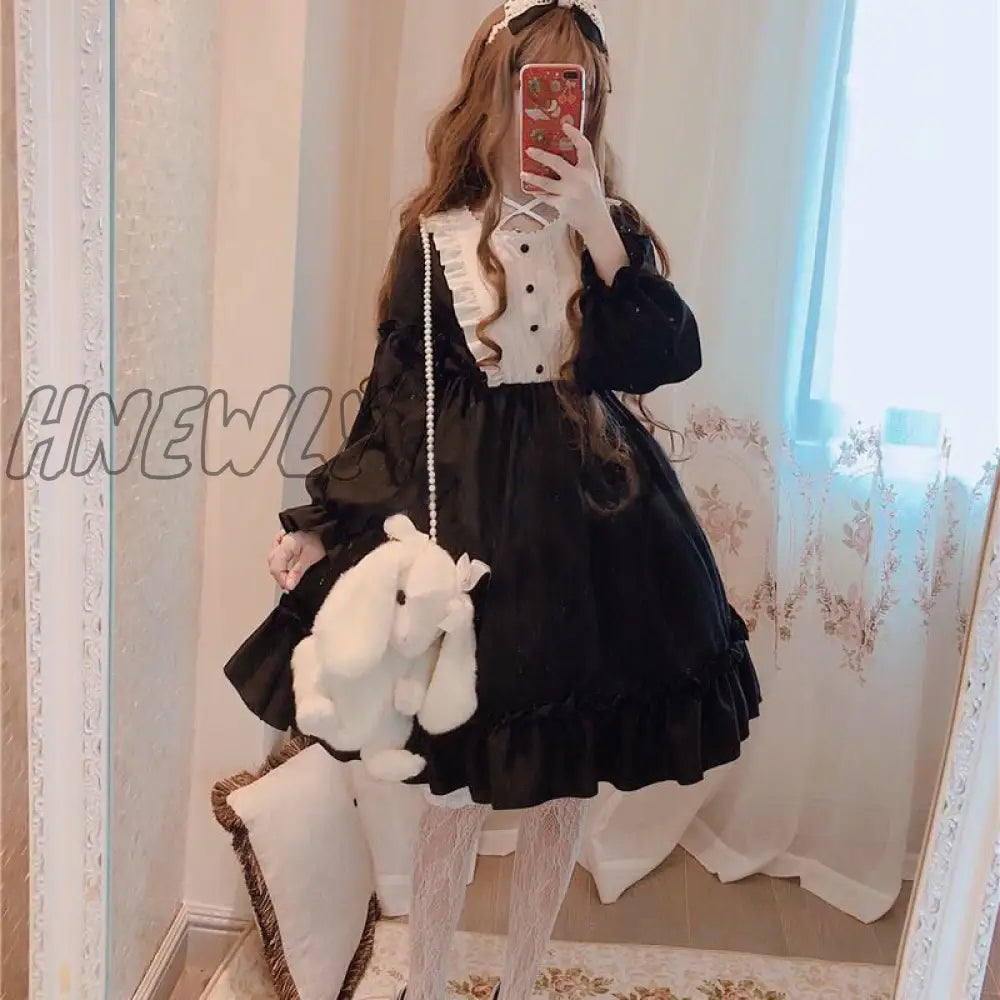Hnewly Japanese Gothic Lolita Dress Women Kawaii Bow Bear Lace Blue Long Sleeve Princess Halloween