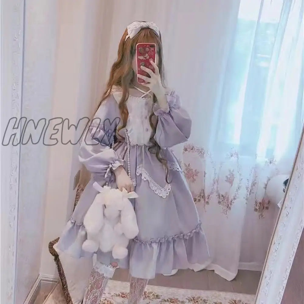 Hnewly Japanese Gothic Lolita Dress Women Kawaii Bow Bear Lace Blue Long Sleeve Princess Halloween