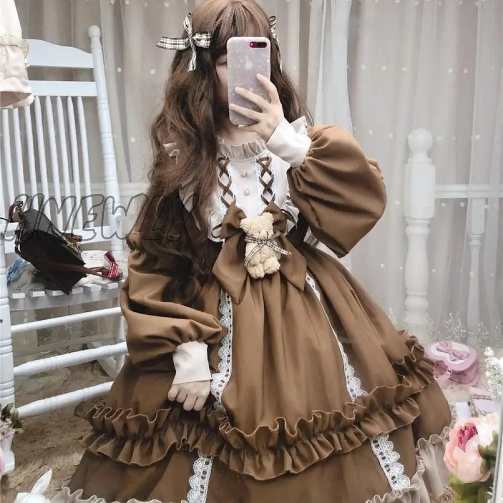 Hnewly Japanese Gothic Lolita Dress Women Kawaii Bow Bear Lace Blue Long Sleeve Princess Halloween