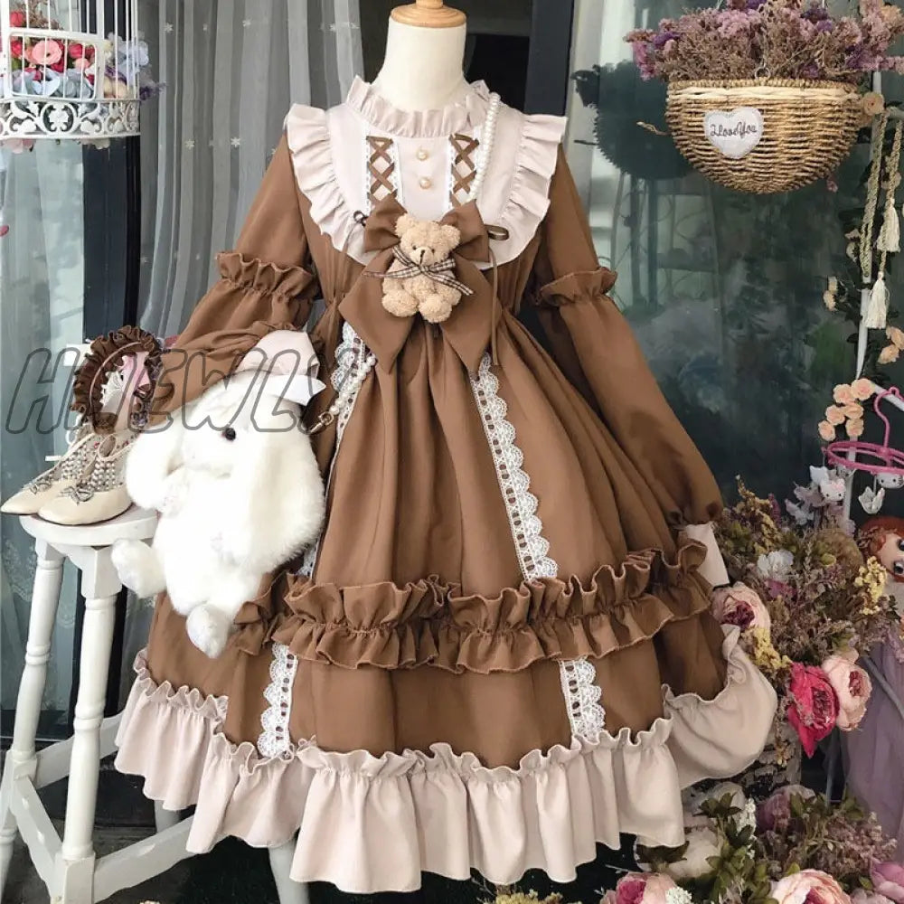 Hnewly Japanese Gothic Lolita Dress Women Kawaii Bow Bear Lace Blue Long Sleeve Princess Halloween