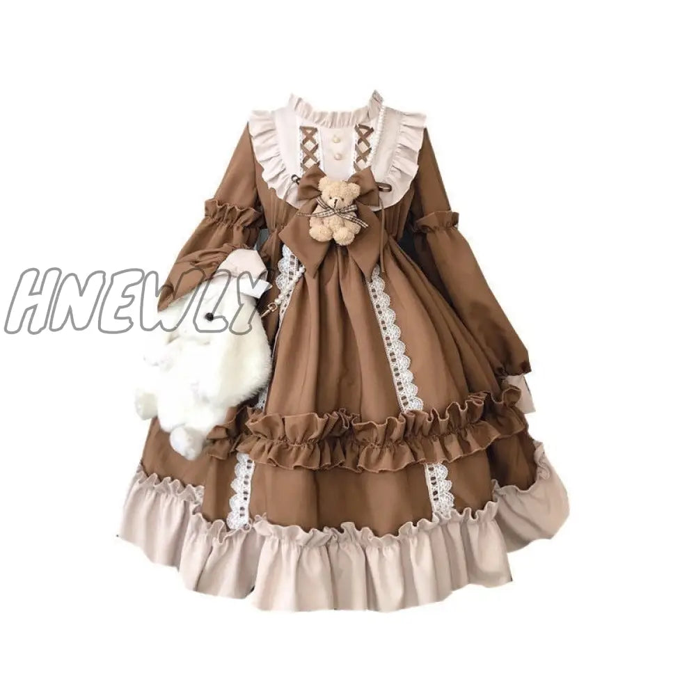 Hnewly Japanese Gothic Lolita Dress Women Kawaii Bow Bear Lace Blue Long Sleeve Princess Halloween