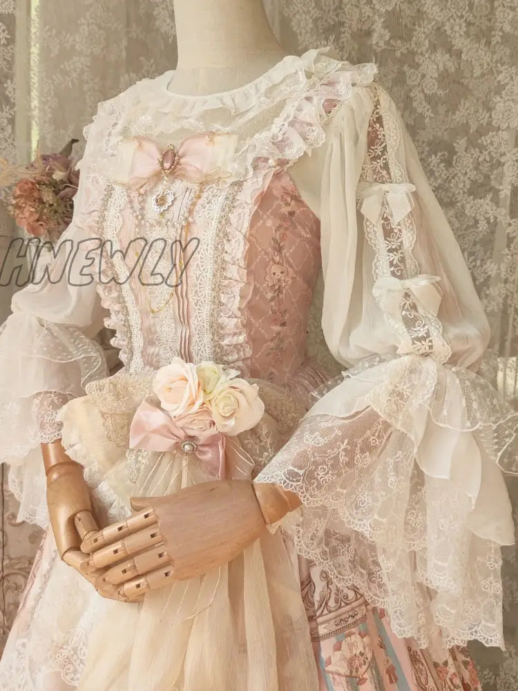 Hnewly Japanese Kawaii Lolita Blouse Women Victorian Vintage Bow Lace Embroidery Flare Sleeve