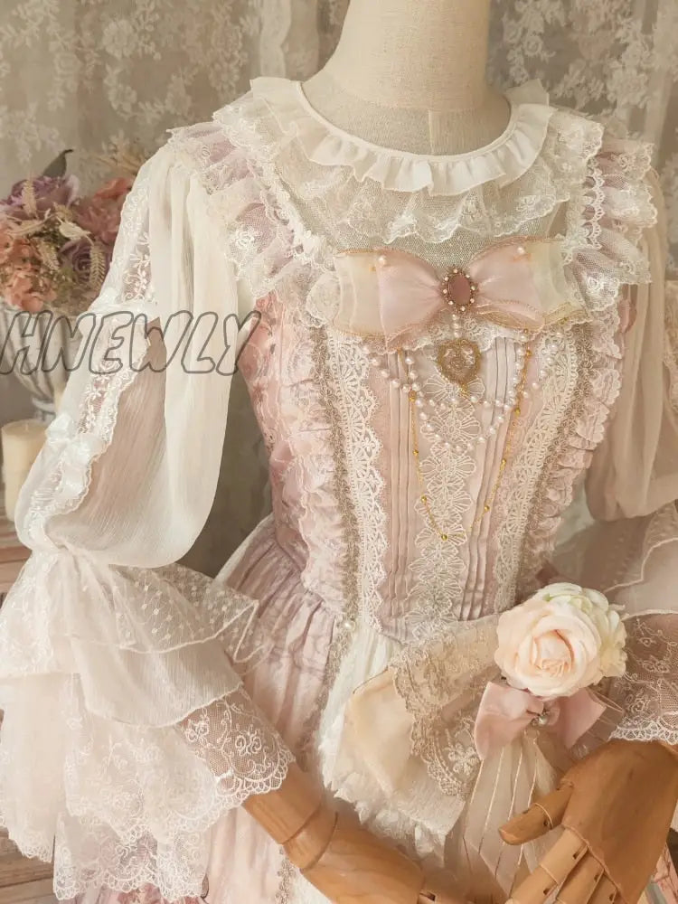 Hnewly Japanese Kawaii Lolita Blouse Women Victorian Vintage Bow Lace Embroidery Flare Sleeve