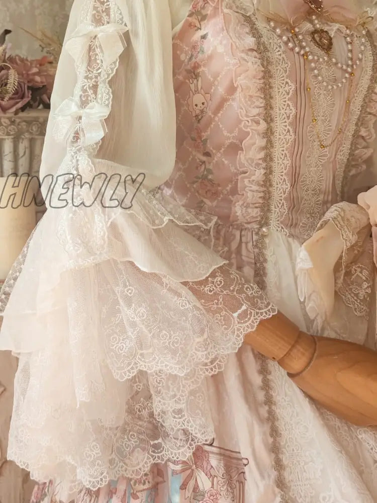 Hnewly Japanese Kawaii Lolita Blouse Women Victorian Vintage Bow Lace Embroidery Flare Sleeve