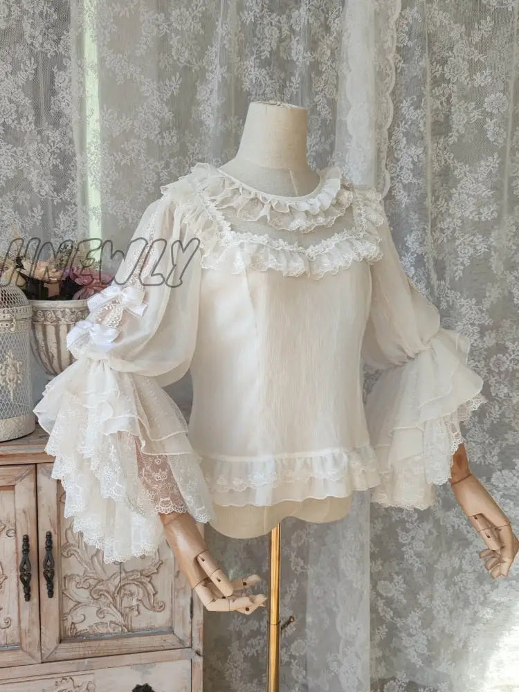 Hnewly Japanese Kawaii Lolita Blouse Women Victorian Vintage Bow Lace Embroidery Flare Sleeve