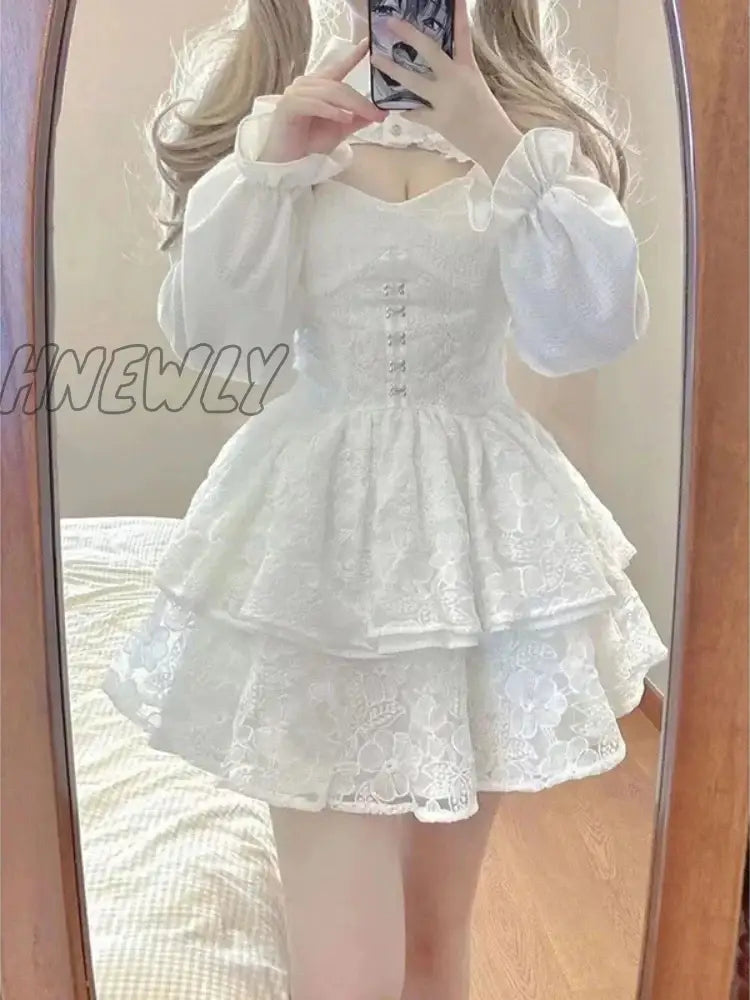 Hnewly Japanese Kawaii Lolita Dress Women Elegant Sweet Lace Ruffles White Strap Dresses Sexy