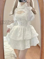 Hnewly Japanese Kawaii Lolita Dress Women Elegant Sweet Lace Ruffles White Strap Dresses Sexy