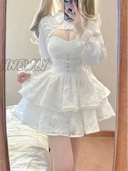 Hnewly Japanese Kawaii Lolita Dress Women Elegant Sweet Lace Ruffles White Strap Dresses Sexy