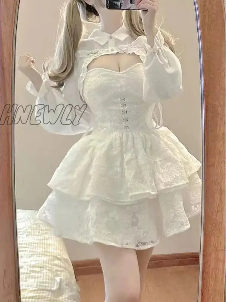Hnewly Japanese Kawaii Lolita Dress Women Elegant Sweet Lace Ruffles White Strap Dresses Sexy