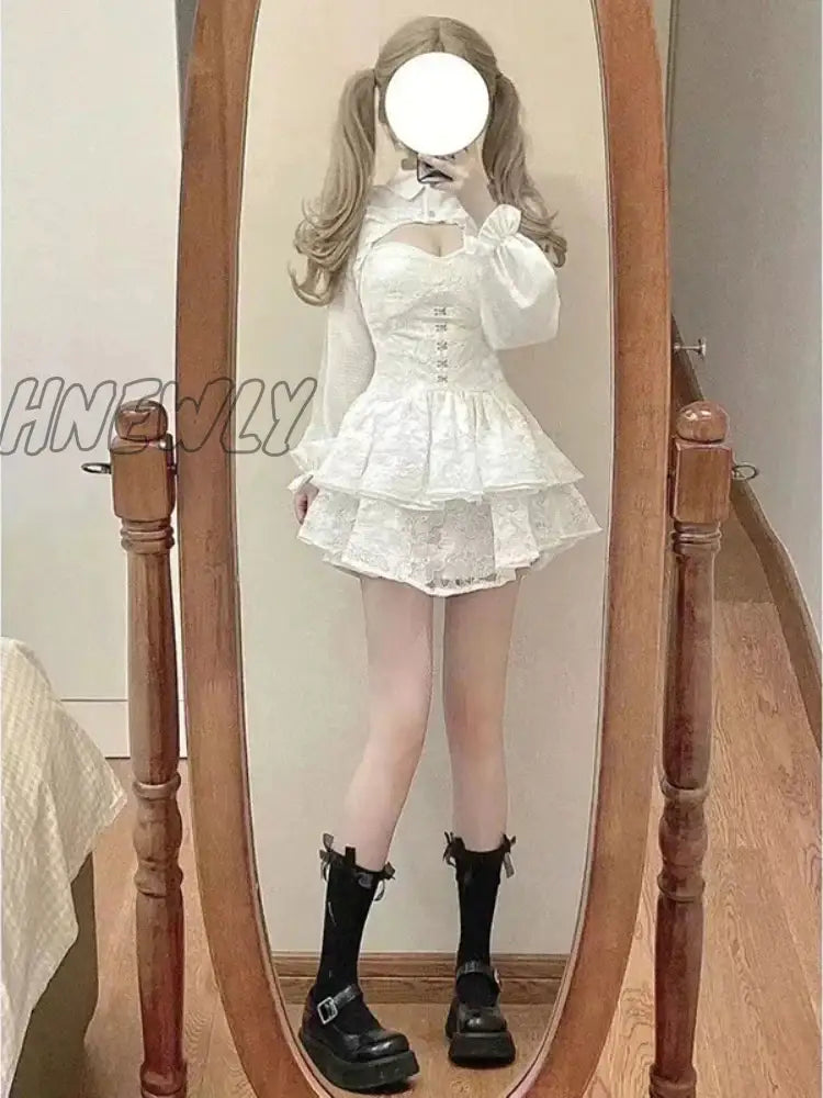 Hnewly Japanese Kawaii Lolita Dress Women Elegant Sweet Lace Ruffles White Strap Dresses Sexy