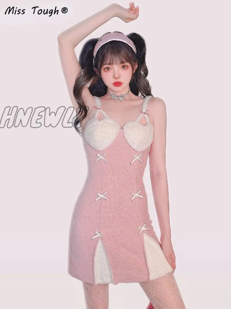 Hnewly Japanese Kawaii Lolita Strap Dress Women Korean Elegant Sexy Party Mini Female Bow Casual